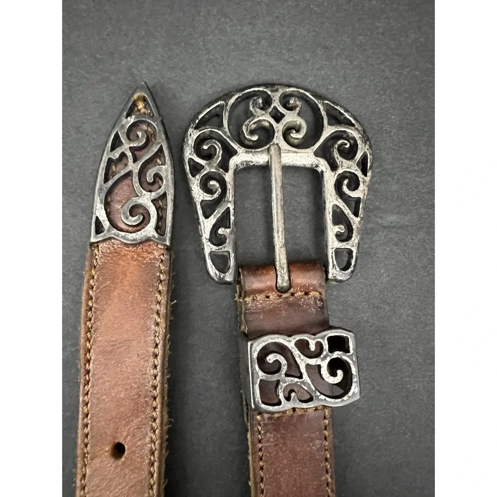 Vtg‎ Women Mixed Media Belt L Filigree Buckle Leather Multi-Strand Mesh Metal